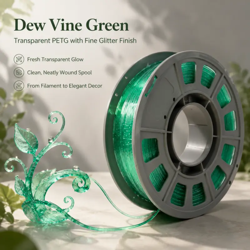Dew Vine Green Transparent PETG Filament - 3D Printing Supplies, Filament Diameter:1.75mm, 300g, Silver Sparkle Effect, High Clarity, Low Warpage, Fresh Transparent Glow for FDM 3D Printers, Home Decor, Botanical Art Pieces