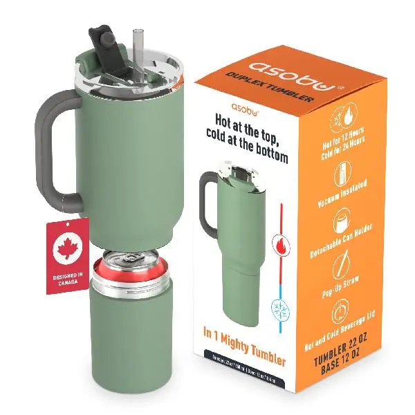 ASOBU DUPLEX Sturdy Portable Stylish 2-in-1 Vacuum Flask Travel Mug & Beverage Holder - 22 oz Hot Coffee/Tea Tumbler with Attached 12 oz Cold Beer/Soda Can Holder, Basil Green, Flasks