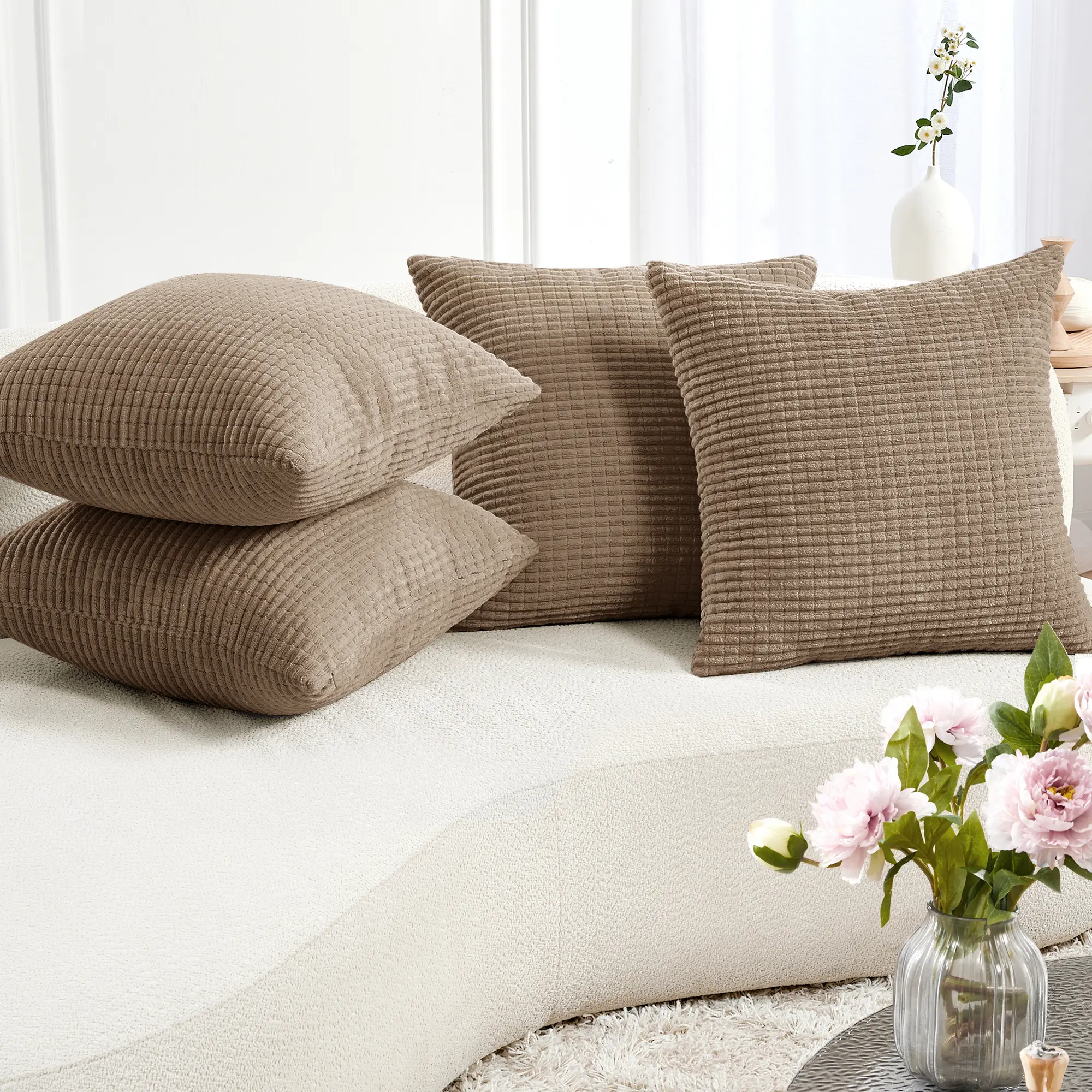 Deconovo 4-Pack Pillow-Shaped Interchangeable Corduroy Striped Removable Cushion Covers, Decorative Couch Cushion Accessories for Living Room, Bedroom, Couch Cushion Covers