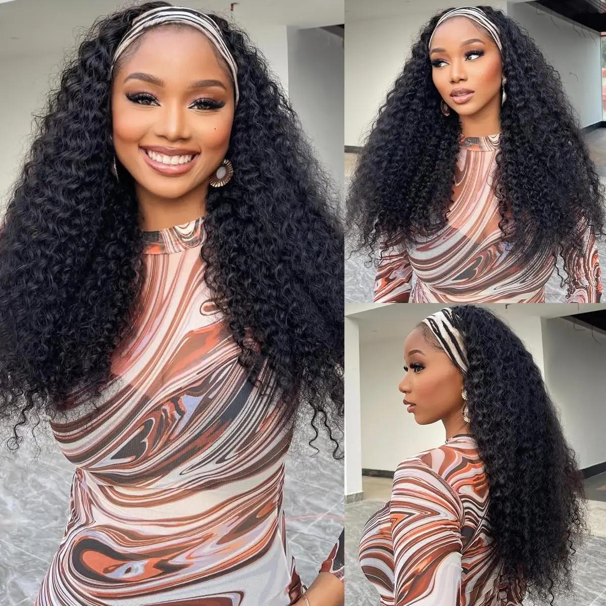 MYLOCKME Long Headband Wig Human Hair Kinky Curly Human Hair Wig for Women Curly Half Wig None Lace Front Wigs 180% Brazilian Virgin Hair