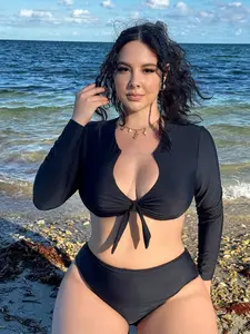 Swim Mod Summer Outfit Plus Size Long Sleeve V-Neck Bow Swimwear Set Sexy Vacation Outfit High Elasticity Breathable Beachwear Two Piece Bathing Suit