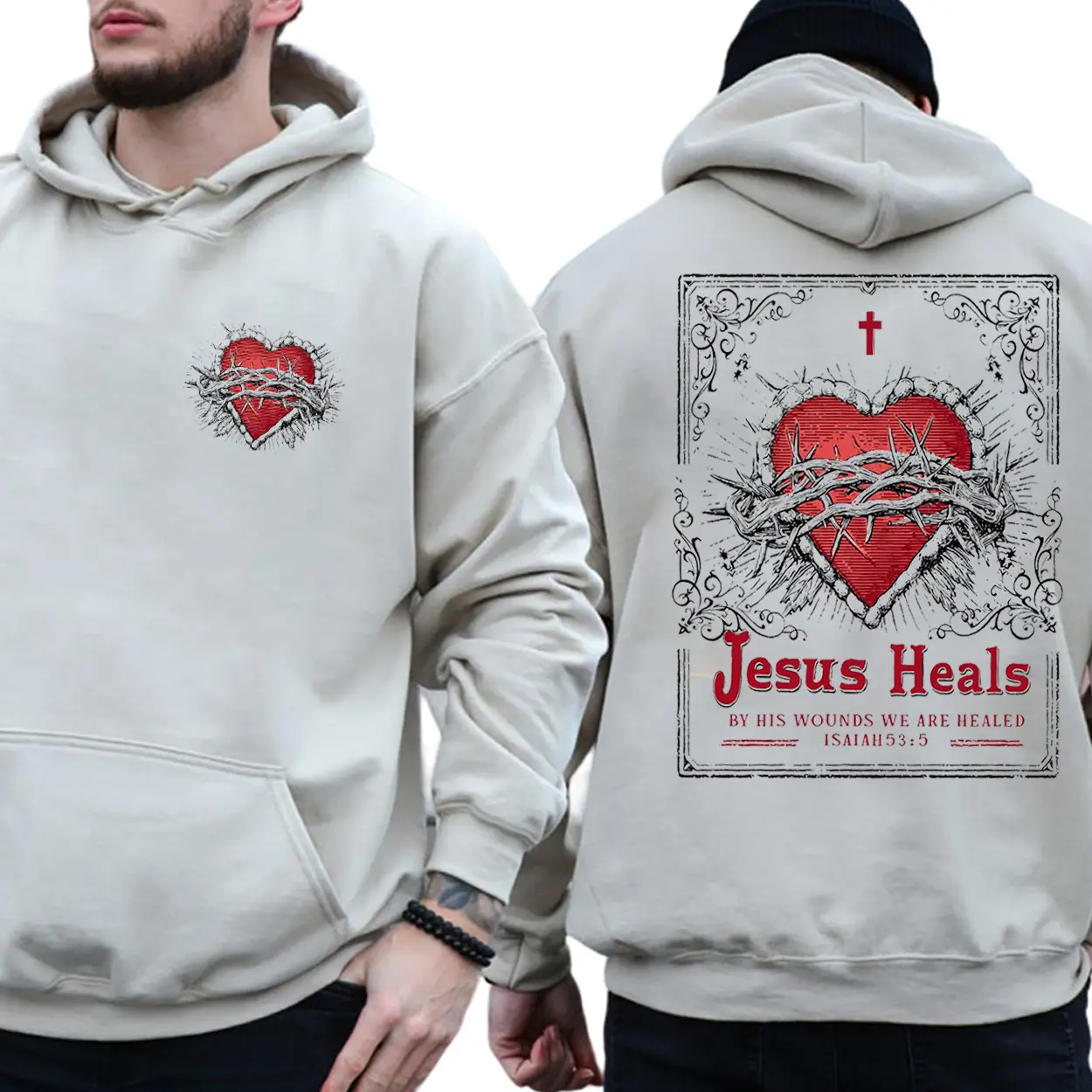 Jesus Heals 2 Sided Graphic Hoodie Fleece Fabric Casual Hooded Sweatshirt Trendy Tops Perfect Gift