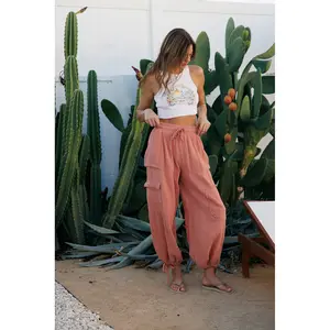 Crinkle Gauze Cargo Tie Hem Balloon Jogger