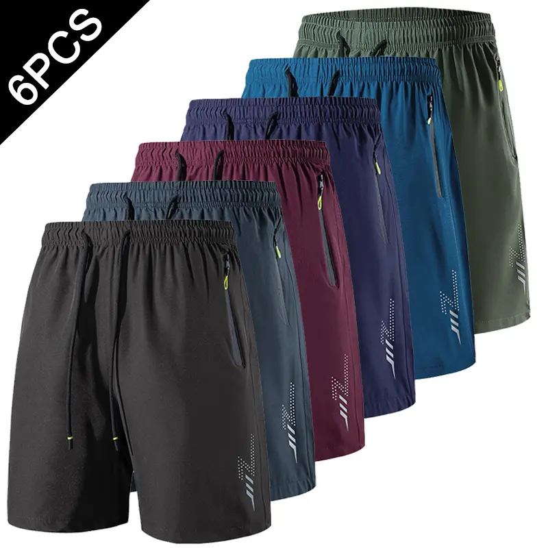6-piece set, men's zippered pocket shorts, summer beach shorts, ice-cool quick-dry sports casual pants, basketball shorts thin style, plus-size men's clothing with reflective strip design, men's wear