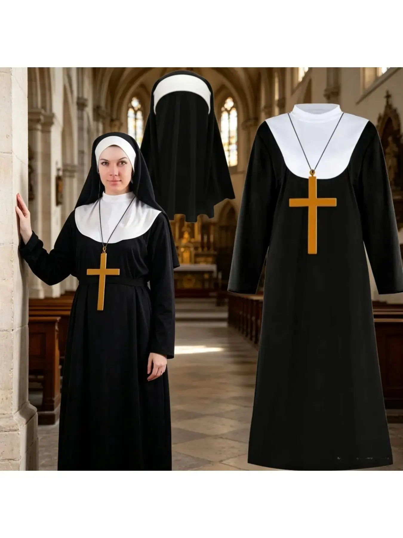 Women's Nun Costume Complete Outfit - Black V-Neck Fitted Plain Robe with White Collar, Headscarf, Gold Cross Necklace, Accessories & Clothes for Cosplay Party, Stage Performance