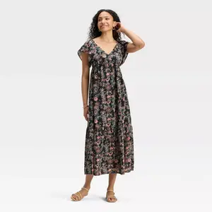 Women's Flutter Short Sleeve Maxi A-Line Dress - Universal Thread Black Floral XS