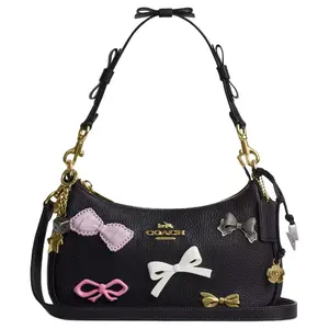 COACH Teri 24 Bow-Embellished Removable Handle and Strap Pebbled Leather Shoulder Bag, Medium, Women’s, Black