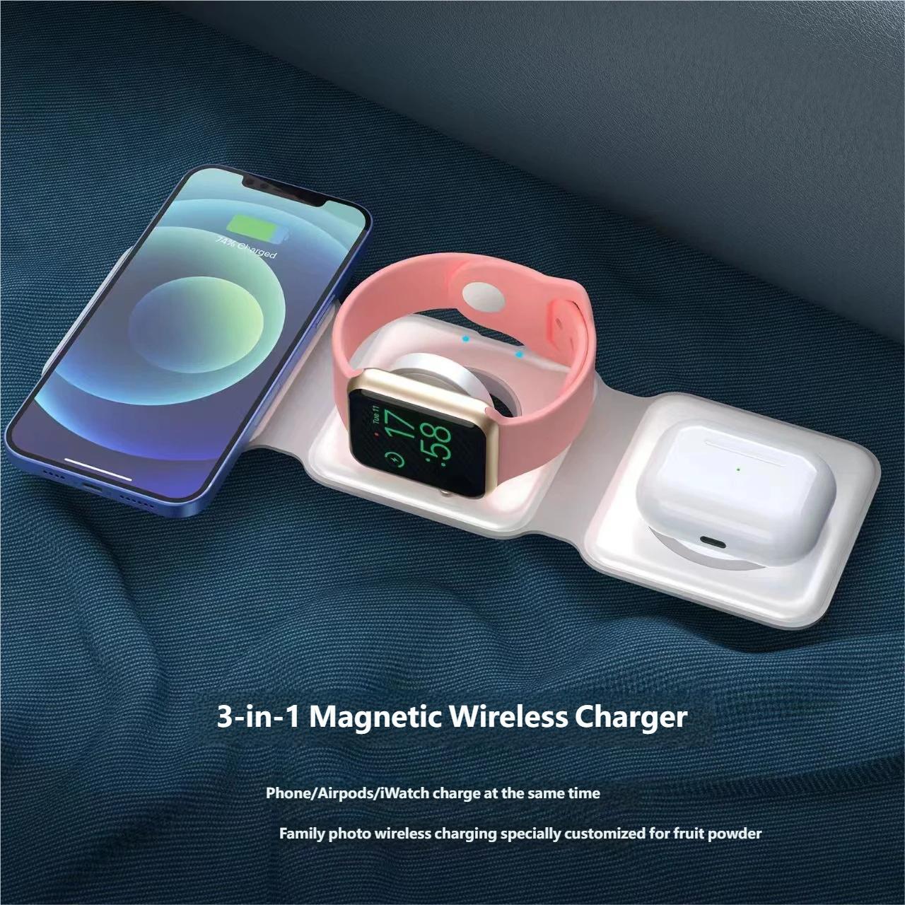 Charging Station for Apple Multiple Devices - 3 in 1 Foldable Magnetic Wireless Charger Dock - Travel Charging Pad for iPhone 16 15 14 13 12 Pro Max Plus Watch & Airpods