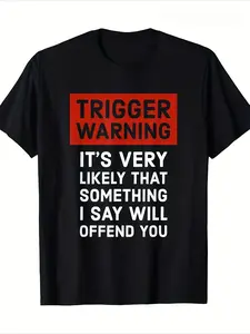 Trigger Warning Bold Red and White Text Print - 100% Cotton 180g Men's Black Short Sleeve Crew Neck T-Shirt - All-Season Positioning Print T-Shirt Suitable for Daily Fitness, Outdoor and Comfortable Wear - Sizes S-3XL