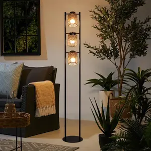 Garwarm Boho Floor Lamp,Rattan Tree Floor Lights,3 LED Bulb Included,Black Pole,Gold Lamp Heads,Industrial Floor Lamps for Bedroom Living Room,63.98inch
