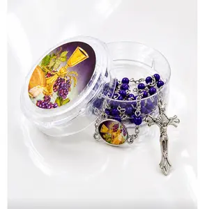 HOLY EUCHARIST MINI  ROSARY PURPLE NECKLACE WITH ACRYLIC BOX
