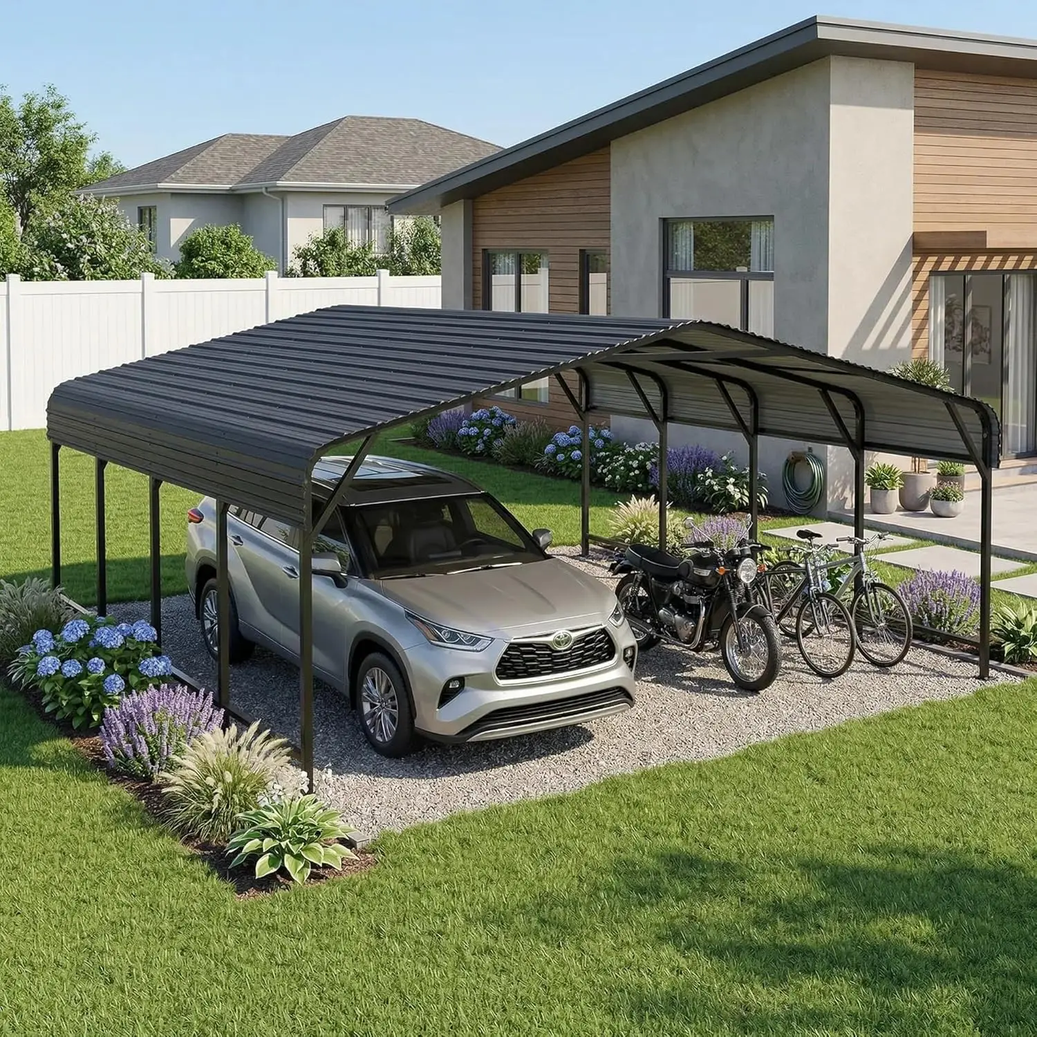 MNLR Heavy-Duty Galvanized Steel Carport - Multiple Sizes (12x20,20x20,20x30,20x40) Open-Sided Sloped Roof Shelter with Pre-Drilled Holes for Cars,Trucks,Equipment Storage Space - Rain-Resistant Galvanized Steel Garden Building Ideal for Driveways,Farms