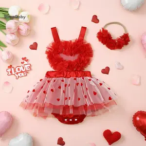 Cute Baby Girls Summer Sleeveless Heart Print Tulle Romper Dress With Headband Casual & Party Wear Baby Valentine Gift Outfit Love-themed Baby Clothes