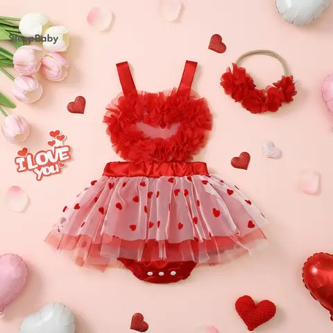 Baby Girls' Cotton-Polyester Blend Sleeveless Heart-Print Tulle Romper Dress with Headband - Valentine-Ready Baby Clothes Girl, 0-3 Months/12-18 Months, 31-37.5 cm, Casual-Party Wear Bodysuit Gift, No