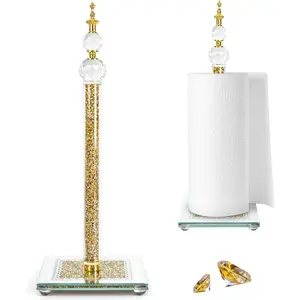Gold Paper Towel Holder, Bling Crystal Paper Towel Roll Holder, Decorative Standing Paper Towel Holder for Kitchen Countertops Bathroom, Paper Towel Dispenser with Weighted Base (Square/Gold-A)