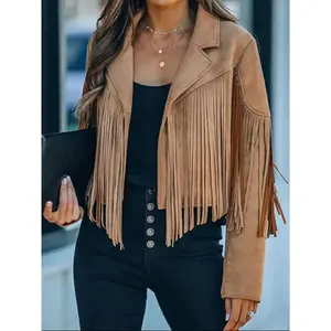 Women's Solid Color Fringe Trim PU Leather Jacket, Casual Long Sleeve Collared Outerwear for Spring & Fall, Ladies Clothes for Daily Wear