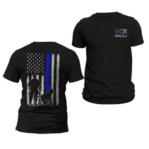 Police K-9 Unit Thin Blue Line Flag Front & Back Print Vertical Brushed Design T-Shirt Casual Classic Crewneck Menswear, Fresh