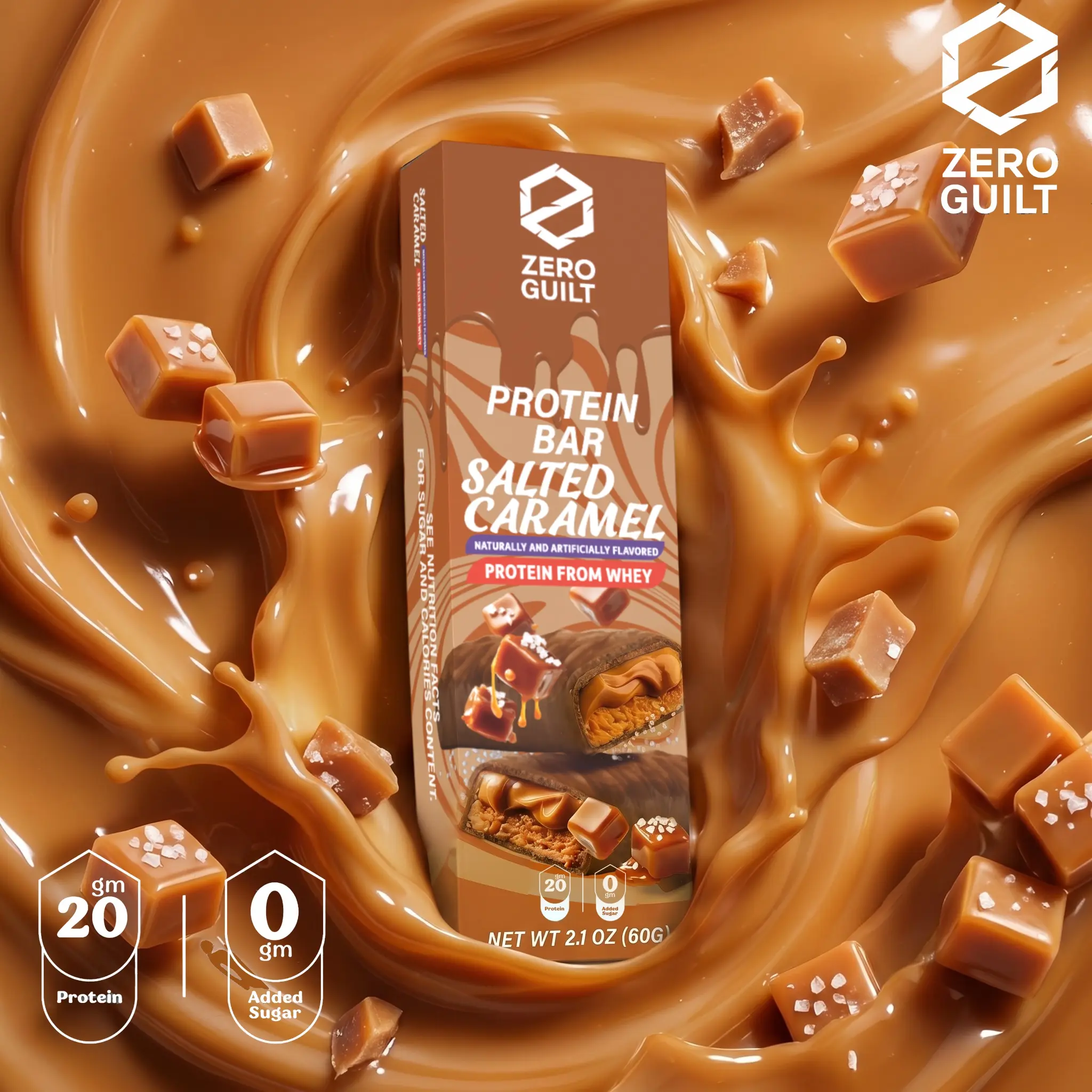 ZERO GUILT Salted Caramel 20G Protein Bar, ZERO Added Sugar, 60g Net Weight - 12 Pack, Snacks, Ready To Eat Snacks
