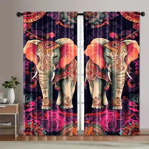 Vintage Ethnic Elephant Print Curtains, Fashionable Rod Pocket Window Drapes for Bedroom and Living Room, Easy Installation