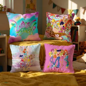 Anime W-Winx Club Cushion Cover INS Style Exquisite Print Short Plush Pillow Case Soft Skin-Friendly Durable Throw Pillow Cover 40x40 Viral Trendy Aesthetic Cozy Luxury Home Decor Living Room Bedroom Sofa Couch