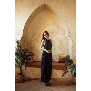 Farah Navy Drape Skirt with Hand Embroidered Blouse