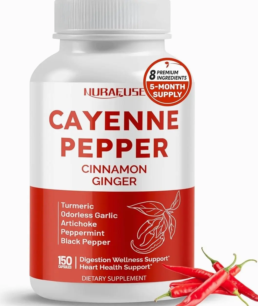 Cayenne Pepper 8-in-1 Formula - with Cinnamon, Ginger Turmeric, Odorless Garlic, Artichoke Non-GMO, Gluten-Free, Soy-Free
