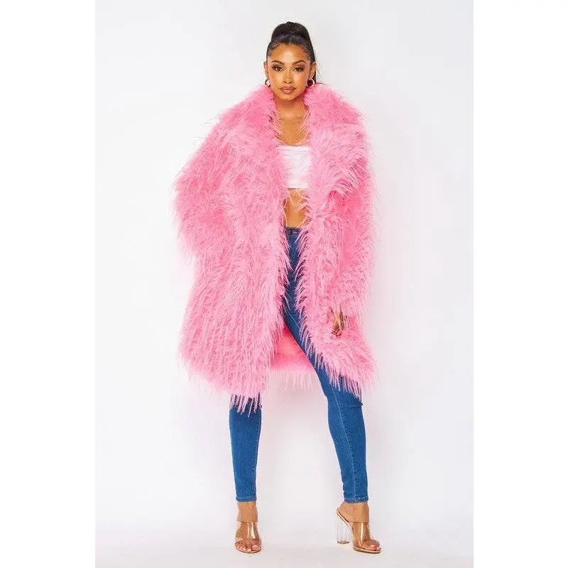 Shaggy Faux Fur Lapel Collar Coat