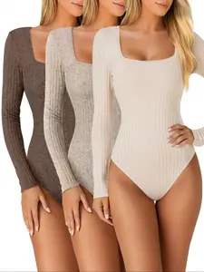 Women's Fall Winter Fashion Elegant Square Neck Waist Cinched Long Sleeve Multi-Color Three-Piece Set Simple Inner Layer Jumpsuit Waist Controlling Bodysuit