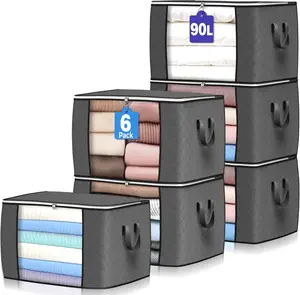 90L Large Storage Bags 6 Pack – Foldable Closet Organizer Bins, Heavy Duty Clothes Storage Containers for Blankets, Comforters, Bedding, Pillows, Space Saving Moving Bags (Gray)