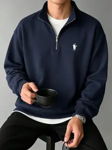 Men's Half-Zip Stand Collar Sweatshirt, Casual Long Sleeve Fitted Top, Spring & Fall Fashion, Plain Pattern, China Origin