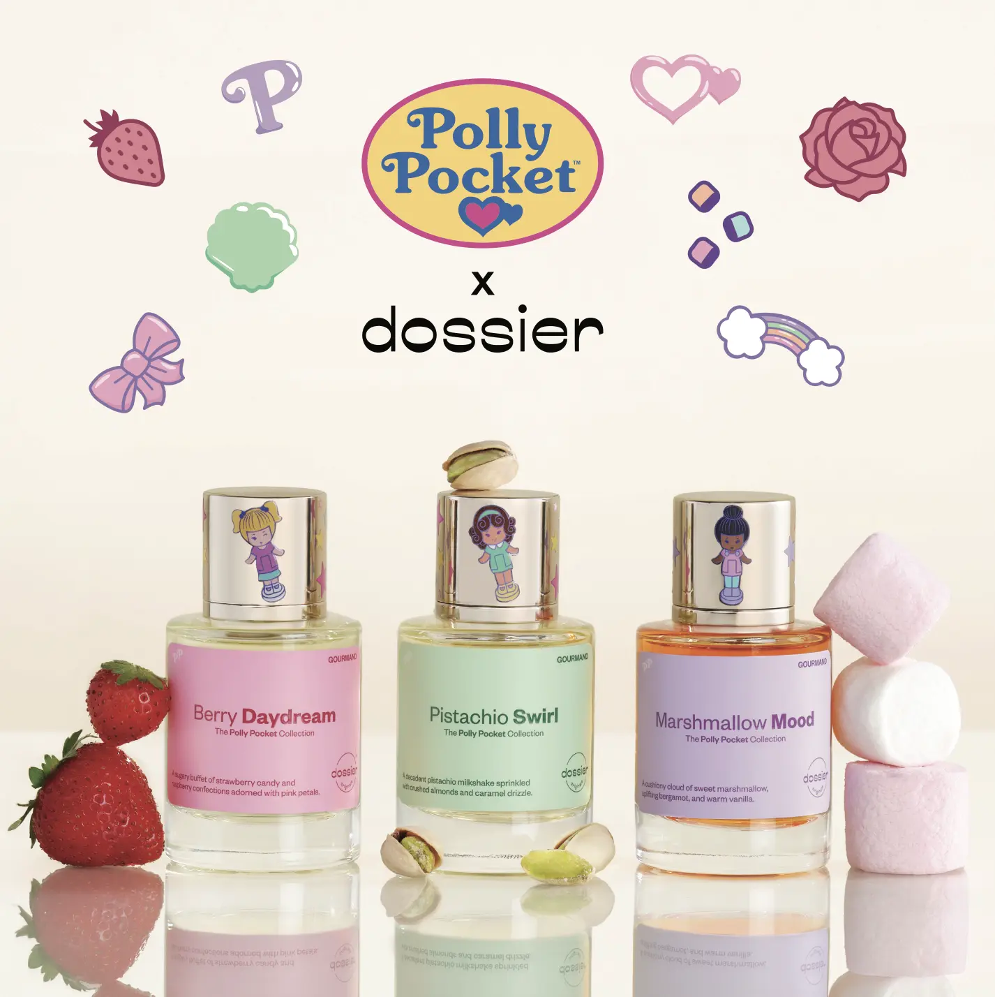 Polly Pocket x Dossier Collection, Women's Perfume, 50ml, Eau du Parfum, Pistachio Swirl, Berry Daydream, Marshmallow Mood