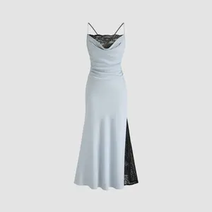 Cider [size 0-10] Satin Cowl Neck Lace Split Maxi Dress