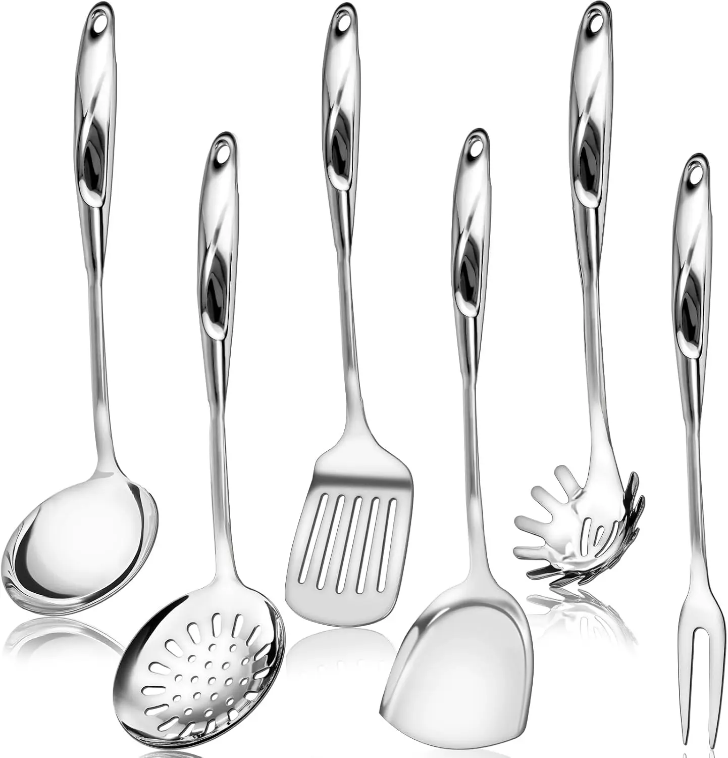 Stainless Steel Cooking Utensils Set - 6 Piece Kitchen Utensils Set, One Piece Seamless Handle Stainless Steel Utensils with Hanging Hole, Dishwasher Safe hunnycook