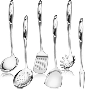 Stainless Steel Cooking Utensils Set - 6 Piece Kitchen Utensils Set, One Piece Seamless Handle Stainless Steel Utensils with Hanging Hole, Dishwasher Safe hunnycook