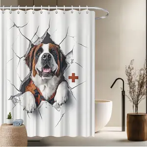 1pcs Animal Theme Bath Curtain-2D Saint Bernard Break Through Wall Cartoon Style Print Bath Curtain Fun Home Curtain Bathroom Decor Bathtub Decor 70.8x70.8 inches