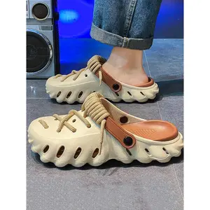 Men's Khaki Casual Hollow Out Design Clogs, Rubber Sandals, Footwear, New Style Comfortable Breathable Clogs Student, Fashionable Walking Shoes Beach Vacation, Thick Bottom Eva, Trending Sandals, Outdoor
