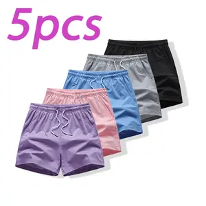 Pack of 5 women’s casual quick-dry shorts—lightweight, breathable summer beach shorts with built-in pockets and a drawstring waist; suitable for sports and running., Mid Waist, Polyester Blend, Sports Shorts Set, Plain