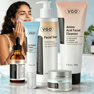 VGO Skincare Five-step Routine provides a Daily Care and Repair Kit for dry, sensitive, and dull skin. It includes a Cleanser, Toner, Serum, Eye Cream, and Moisturizer to repair, moisturize, and improve skin condition.Vegan Vitamin C Skin Care Set
