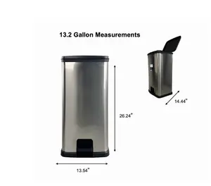 Kitchen Trash Can, 13.2 Gallon Plastic Step Garbage Bin with Lid, Silver