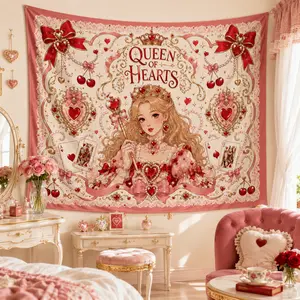Retro Queen Card Tapestry Wall Hanging, Pink & Gothic Aesthetic Room Decor, Lucky Girl Heart Queen Art Tapestry for Bedroom Dorm Apartment