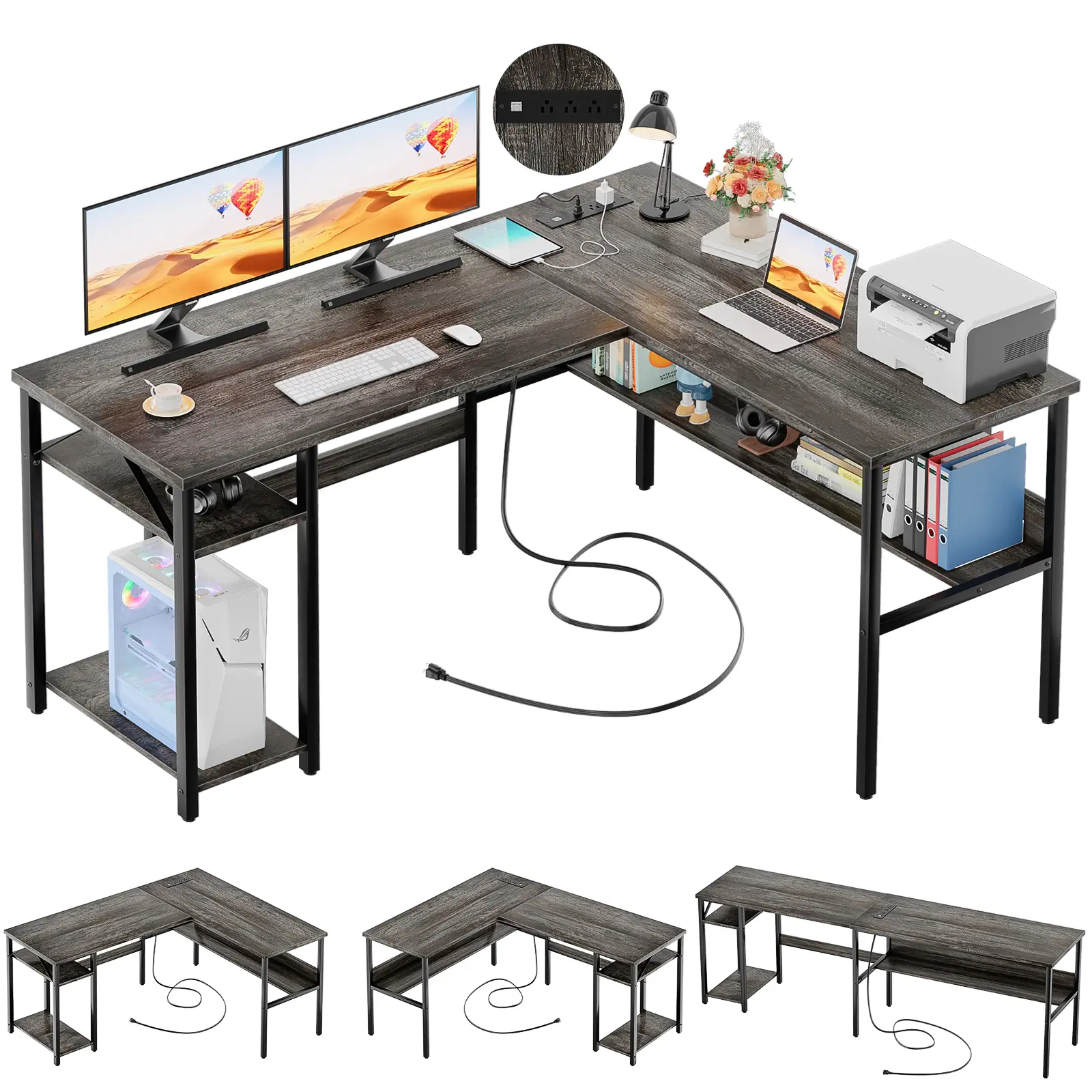 Homieasy Reversible L Shaped Gaming Desk with Power Outlets and USB Charging Ports, Sturdy Computer Desk with Storage Shelf, Modern Corner Desk Home O