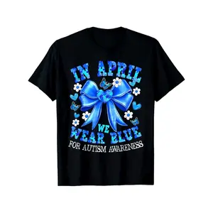 April We Wear Blue Autism Awareness Coquette Bow Puzzle TShirt