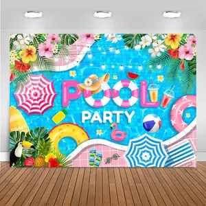 Summer Pool Party Backdrop Swimming Beach Ball for Girls Birthday Party Decorations Pool Flamingo Lifebuoy Summer Photography Background