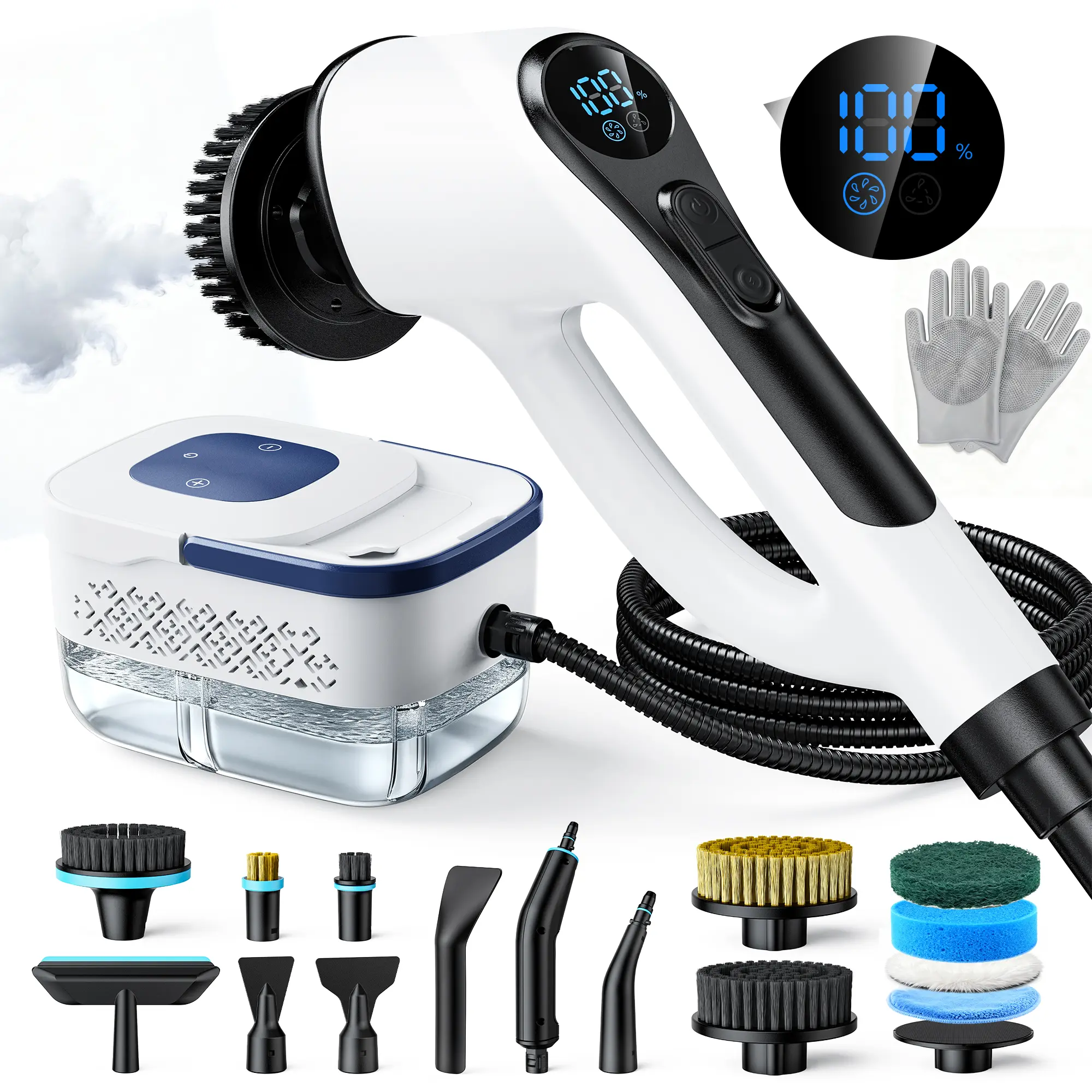 2-in-1 Handheld Steam Cleaner with Electric Scrubber, 10s Fast Heat-Up, 6 Steam Levels, 14 Accessories for Kitchen, Bathroom, Grout & Car Detailing