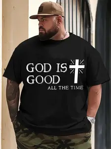 Men's Plus Size Black T-Shirt with 'GOD IS GOOD ALL THE TIME' White Text and Cross Design - Casual Short Sleeve Tee for Big and Tall Sizes, Perfect for Outdoor Events and Everyday Wear