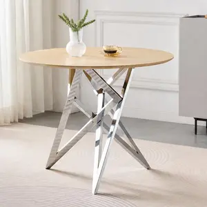 ARCH 37 Inch Round Dining Table for 2-4 People, Small Kitchen Table with Silver Metal Legs, Modern MDF Wood Top, Space-Saving Freestanding Table for Dining Room, Kitchen, Apartment, Multiple Color Options, Cast Silver/Walnut+Gold Color Options
