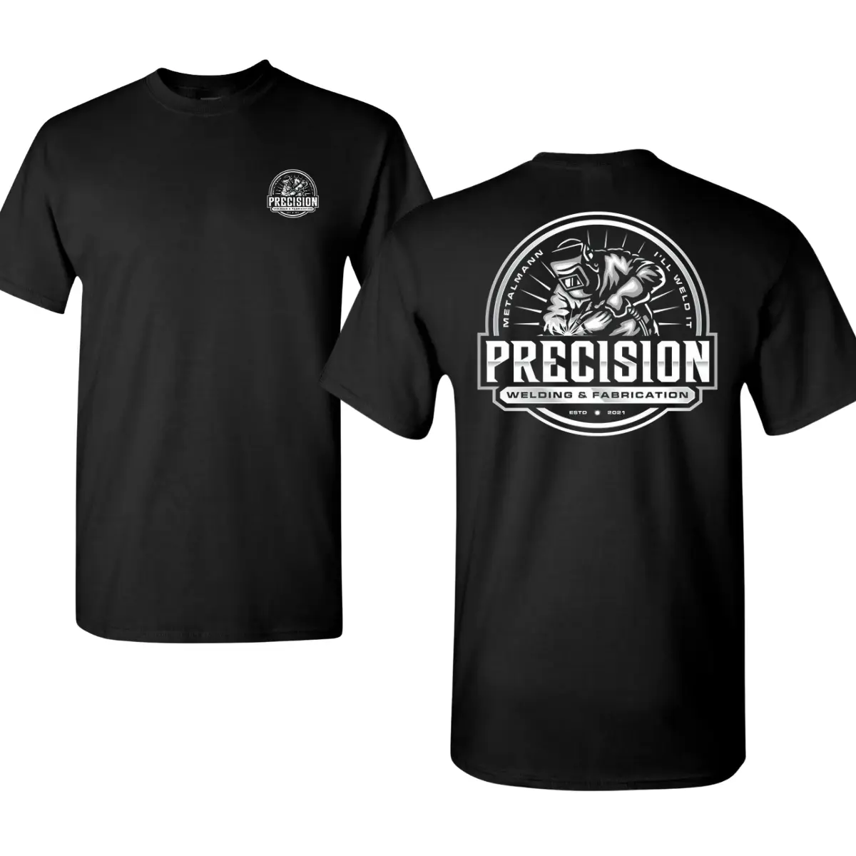 Men's & Women's Casual Precision Welding Fabrication Graphic T-Shirt - Soft Cotton Blend, Skull Welder Back Print, Bold Circle Logo, Front Mini Emblem, Industrial Workwear Streetwear, Welder/Fabricator Blue Collar Gift