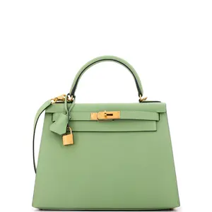 Pre-owned HERMÈS Leather Shoulder Bags Hermes Kelly Handbag Vert Criquet Epsom with Gold Hardware 28 by Rebag