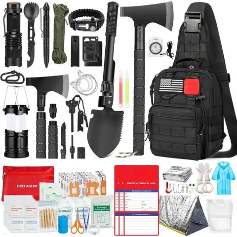 262Pcs Survival Kit with Tactical Accessories, First Aid Pouch, Crossbody Bag & Large Capacity Backpack - Emergency Gear: Tent, Camping Hatchet Hammer, Survival Shovel with Pick, Bug Out Gifts for Men