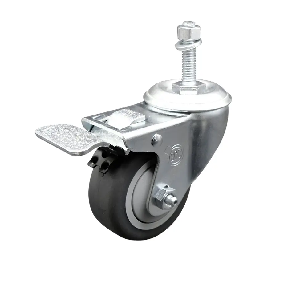 Service Caster SCC-TSTTL20S3514-TPRB-M1015 Thermoplastic Rubber Swivel Threaded Stem Caster - 3.5x1.25 inches Gray Wheel, 10mm Metric Stem, Total Locking Brake - 230 lbs Capacity, for Carts & Tools, Concrete/Tile, Light Duty, Swivel Castor, 10 Mm Stem